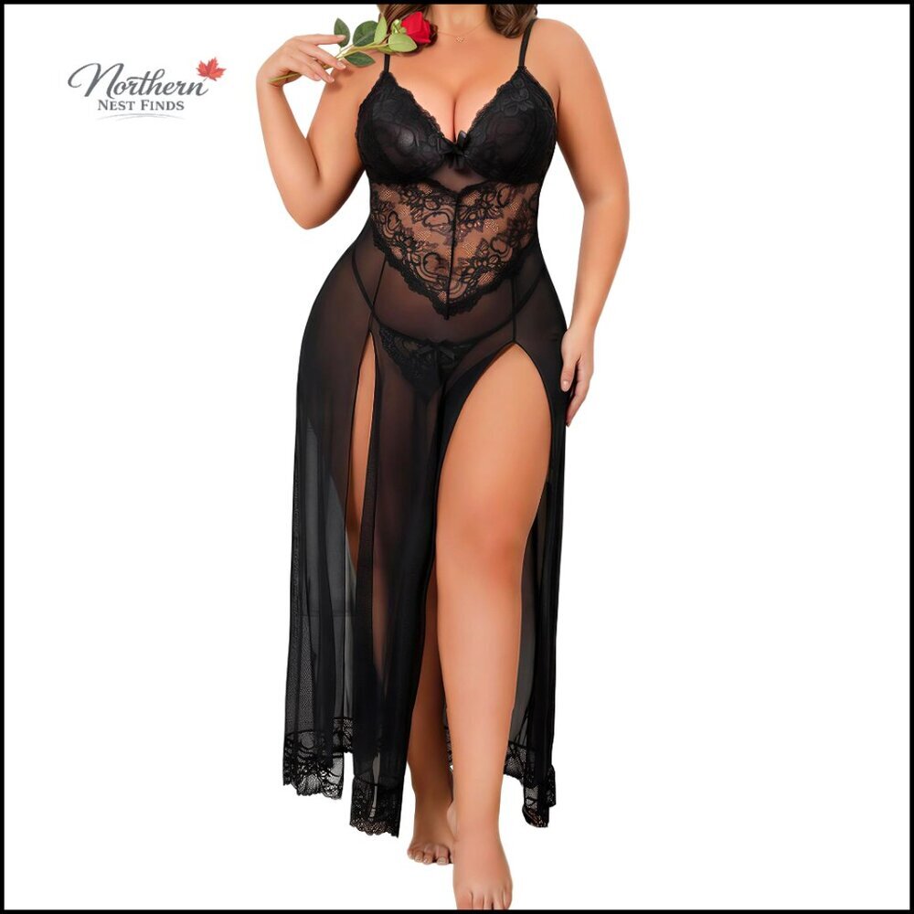 Plus Size Mesh Babydoll Nightdress with Side Slits & Thong